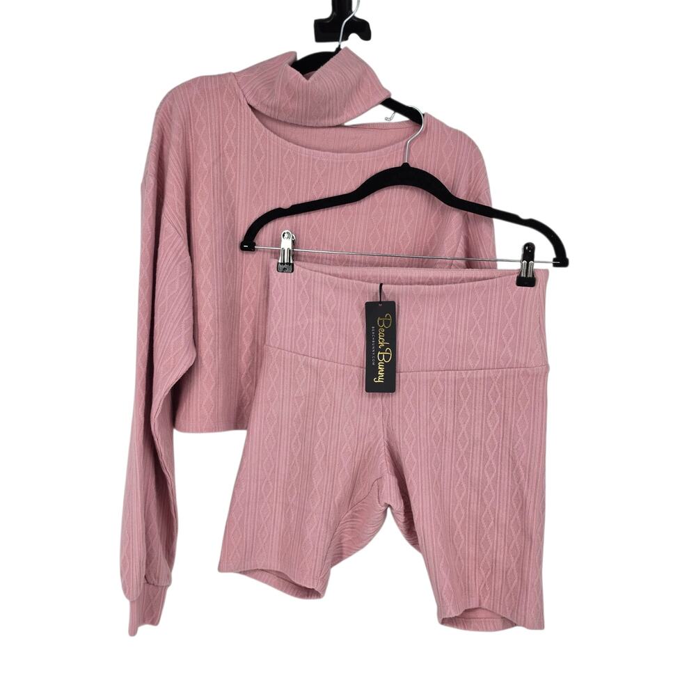 NWT Beach Bunny Pink Wyatt Cropped Pullover & Winnie Biker Shorts Set Size M